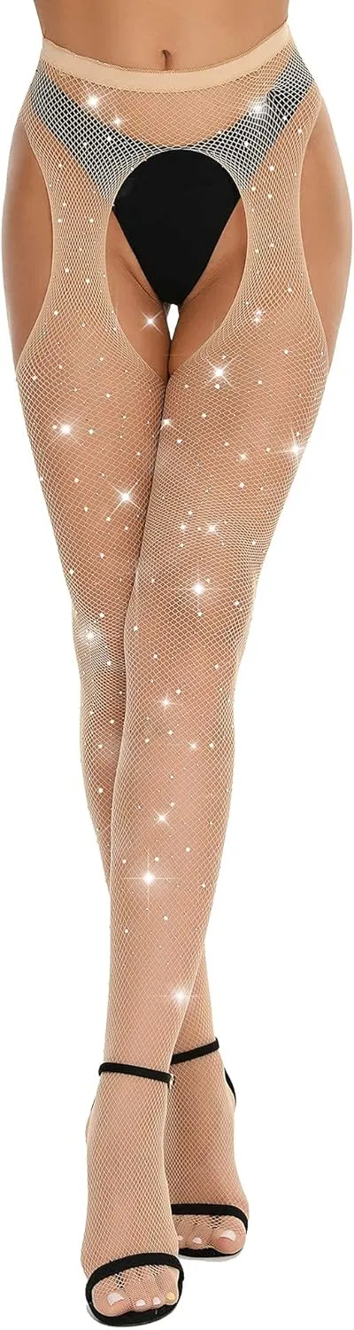 RSLOVE Fishnet Stockings Rhinestone High Waist Tights Pantyhose Women's Sexy Sparkle Stockings
