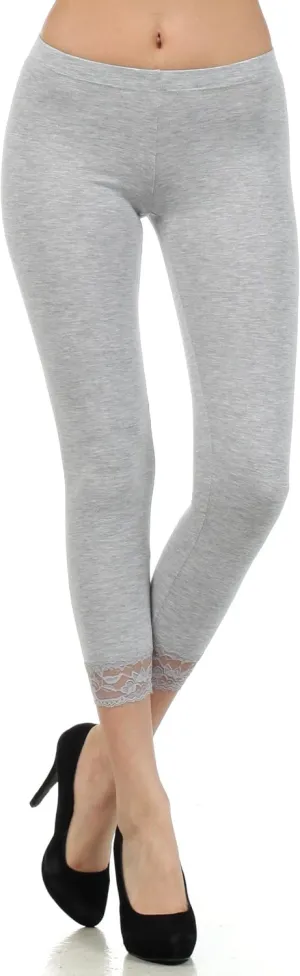 Sakkas Cotton Blend Lace Trim Stretch Capri Leggings - Made in USA
