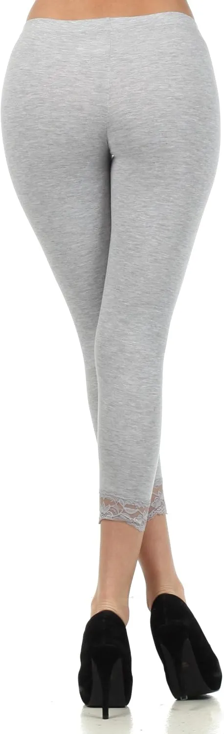Sakkas Cotton Blend Lace Trim Stretch Capri Leggings - Made in USA