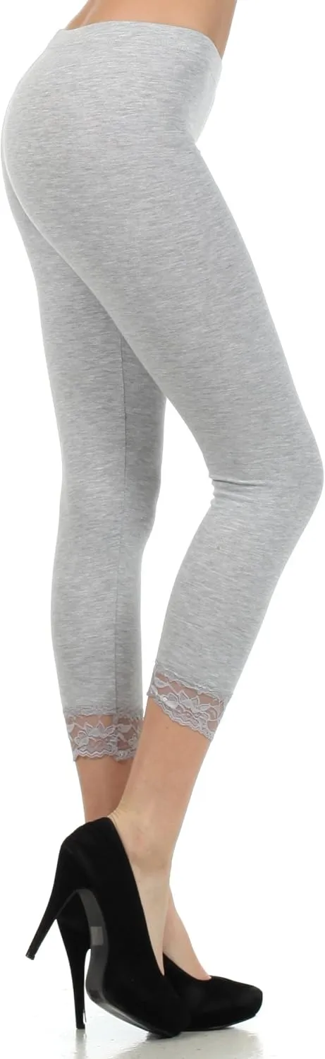 Sakkas Cotton Blend Lace Trim Stretch Capri Leggings - Made in USA