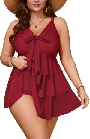 SCOMCHIC Women's Plus Size Swimsuit One Piece Tummy Control Ruffled Swim Dress V Neck Tankini Swimwear Bathing Suit