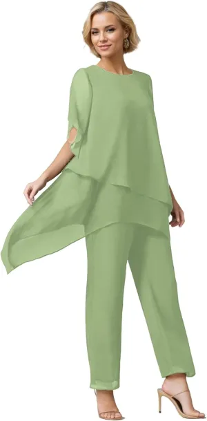 SIPUHK 2 PCs Mother of The Bride Pantsuits for Wedding Tiered Chiffon Outfit Short Sleeve Formal Pant Suits for Women Dressy