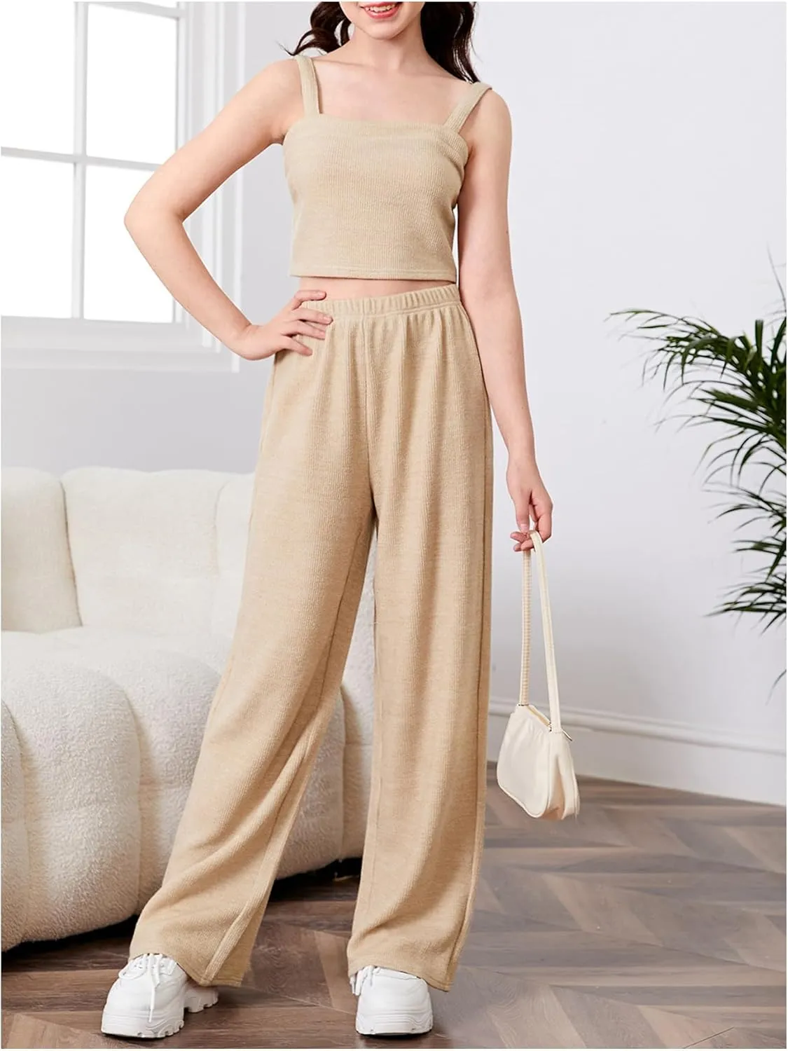 SOLY HUX Girl's Rib Knit Sleeveless Cami Crop Top and Wide Leg Pants 2 Pieces