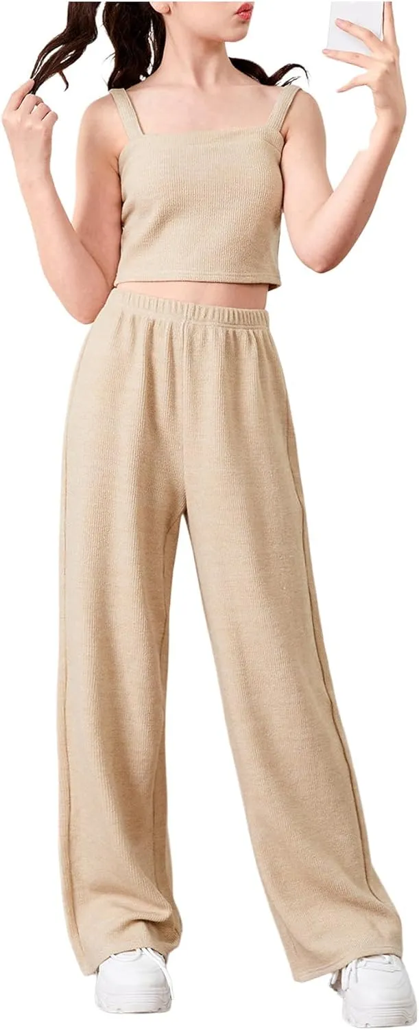 SOLY HUX Girl's Rib Knit Sleeveless Cami Crop Top and Wide Leg Pants 2 Pieces
