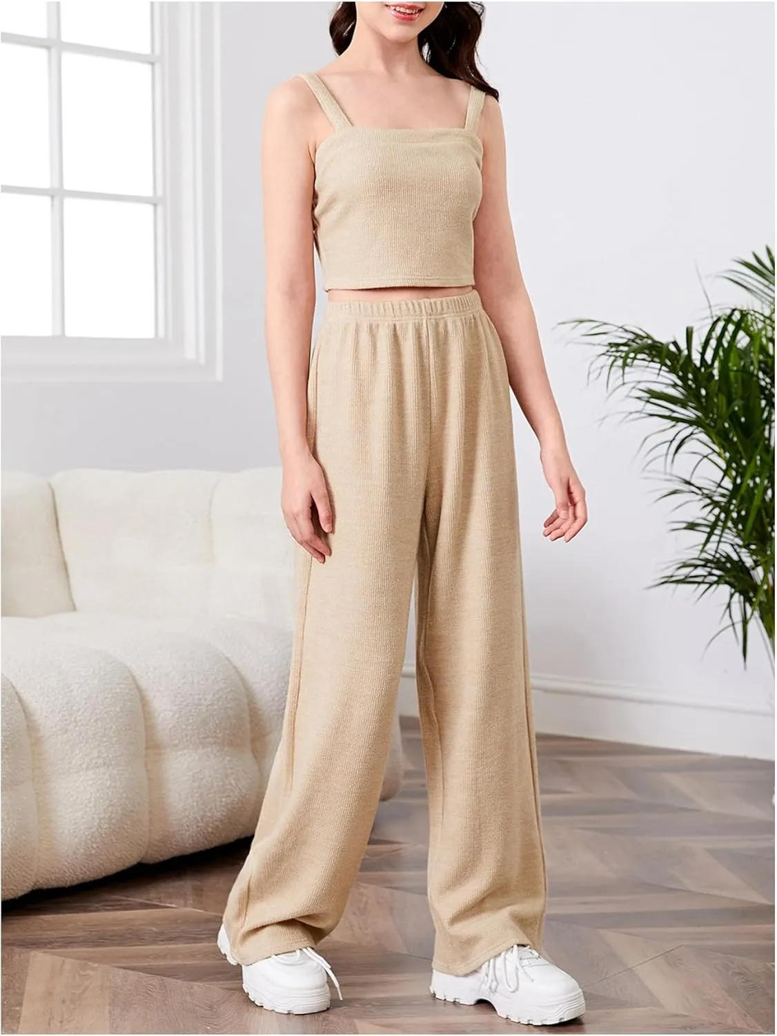 SOLY HUX Girl's Rib Knit Sleeveless Cami Crop Top and Wide Leg Pants 2 Pieces