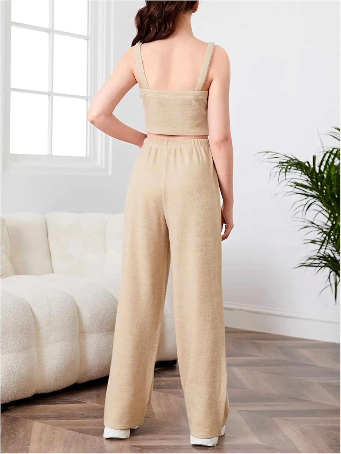 SOLY HUX Girl's Rib Knit Sleeveless Cami Crop Top and Wide Leg Pants 2 Pieces