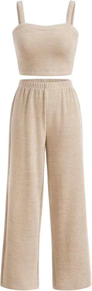 SOLY HUX Girl's Rib Knit Sleeveless Cami Crop Top and Wide Leg Pants 2 Pieces