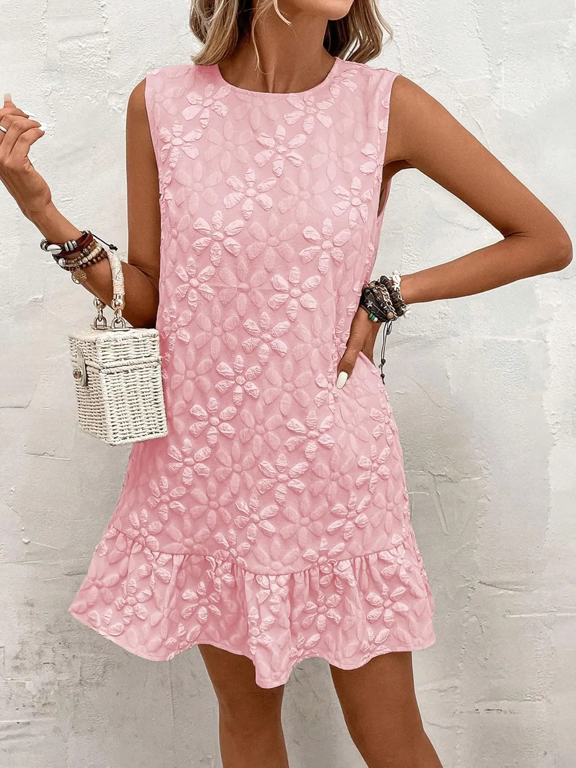SOLY HUX Women's Ruffle Hem Sleeveless Tank Dress Round Neck Casual Jacquard Hem Smock Summer Mini Dresses