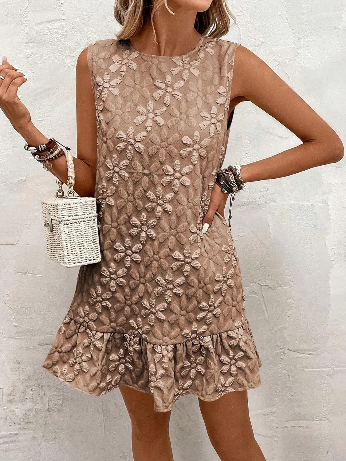 SOLY HUX Women's Ruffle Hem Sleeveless Tank Dress Round Neck Casual Jacquard Hem Smock Summer Mini Dresses