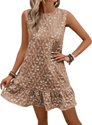 SOLY HUX Women's Ruffle Hem Sleeveless Tank Dress Round Neck Casual Jacquard Hem Smock Summer Mini Dresses