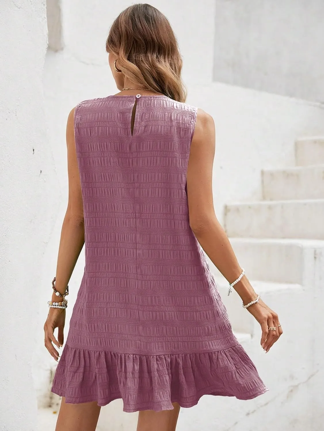 SOLY HUX Women's Ruffle Hem Sleeveless Tank Dress Round Neck Casual Smock Summer Mini Dresses