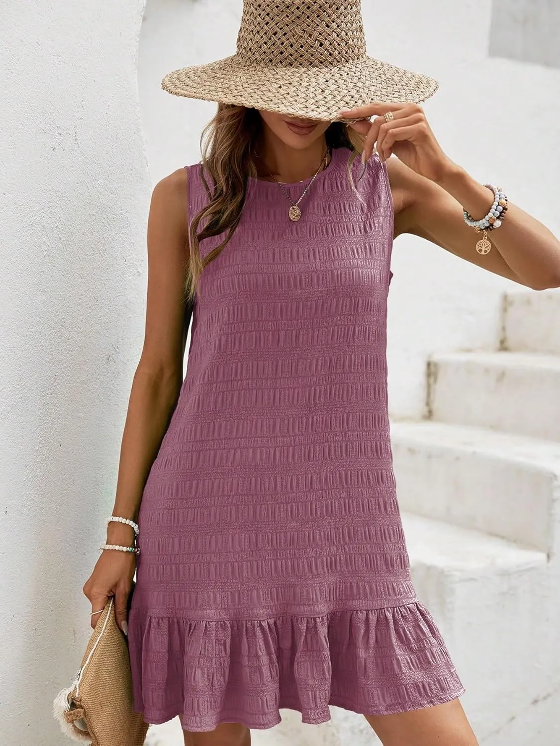 SOLY HUX Women's Ruffle Hem Sleeveless Tank Dress Round Neck Casual Smock Summer Mini Dresses