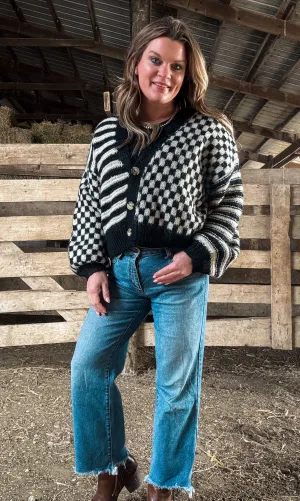 STRIPE AND CHECKERED DROP SHOULDER KNIT CARDIGAN
