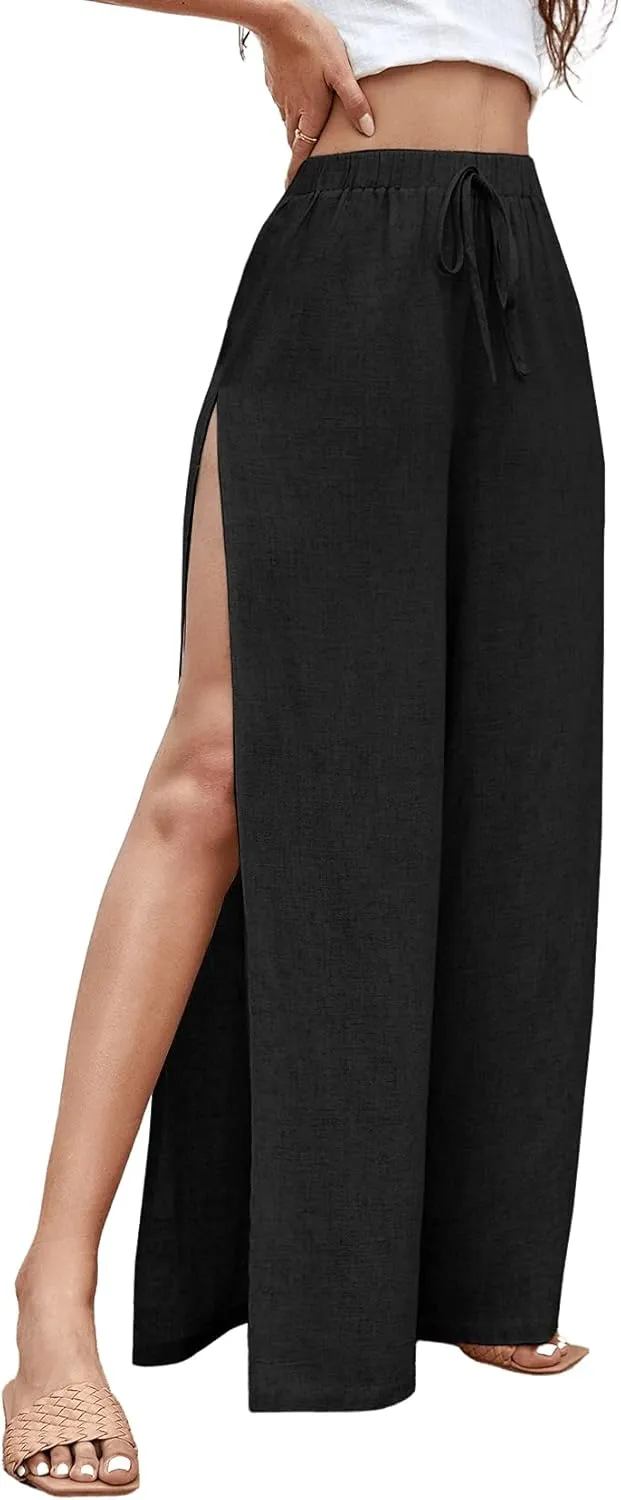 SweatyRocks Women's High Waist Drawstring Split Thigh Wide Leg Palazzo Pants