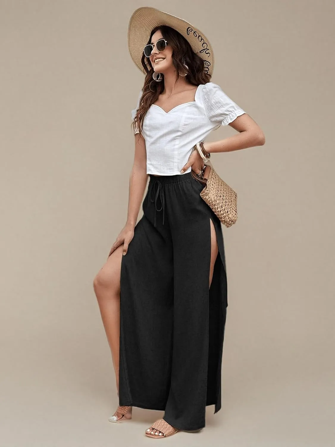 SweatyRocks Women's High Waist Drawstring Split Thigh Wide Leg Palazzo Pants