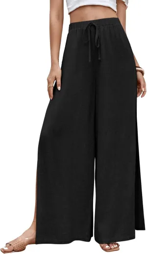 SweatyRocks Women's High Waist Drawstring Split Thigh Wide Leg Palazzo Pants