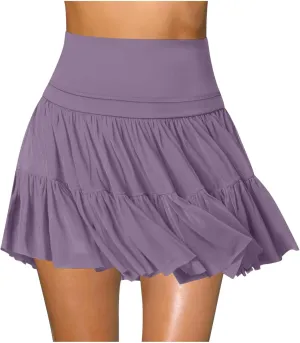 Tennis Skirts for Women Solid Elastic Waisted Tiered Smocked Ruffle Skirt Summer Casual Vacation Beach Short Skirt