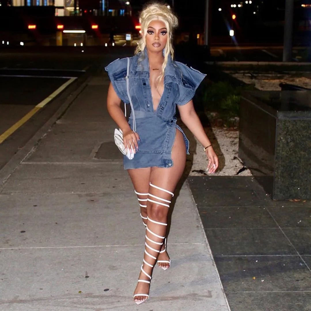 THLAI Women's 2 Piece Denim Sexy Sets Sleeveless Jacket High Waisted Mini Skirt Casual Outfits