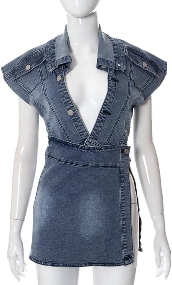 THLAI Women's 2 Piece Denim Sexy Sets Sleeveless Jacket High Waisted Mini Skirt Casual Outfits
