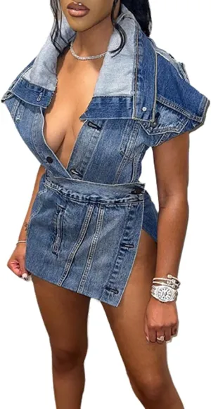 THLAI Women's 2 Piece Denim Sexy Sets Sleeveless Jacket High Waisted Mini Skirt Casual Outfits THLAI Women's 2 Piece Denim Sexy Sets Sleeveless Jacket High Waisted Mini Skirt Casual Outfits