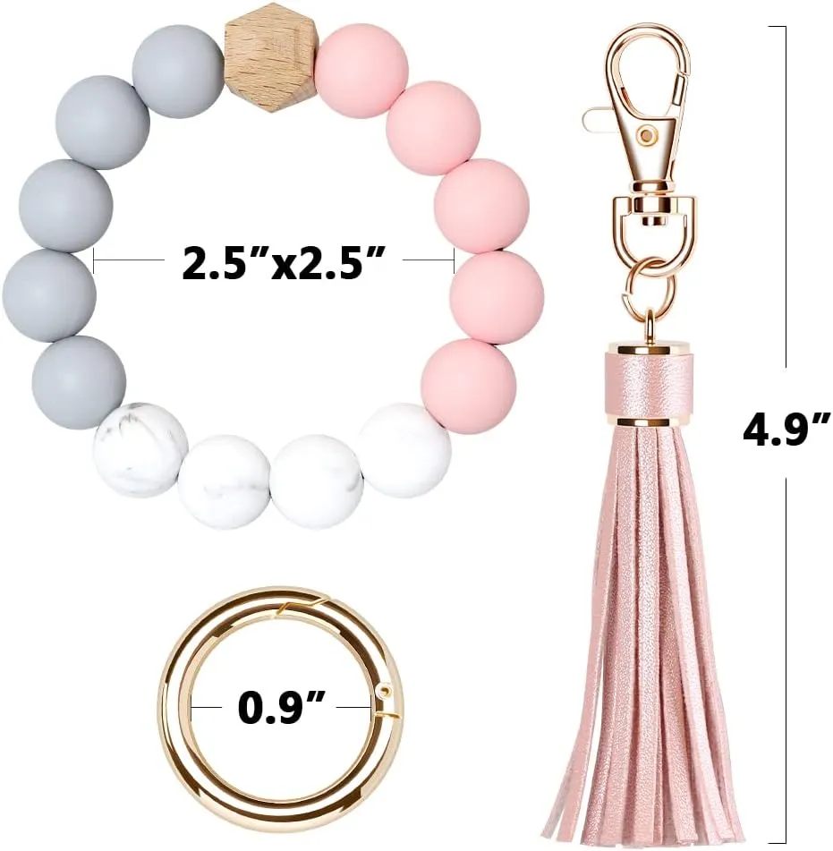 UpUDo Keychain Bracelet Wristlet, Silicone Beaded Key Ring Bracelet with Card Wallet, Elastic Keyring Bangle for Womens