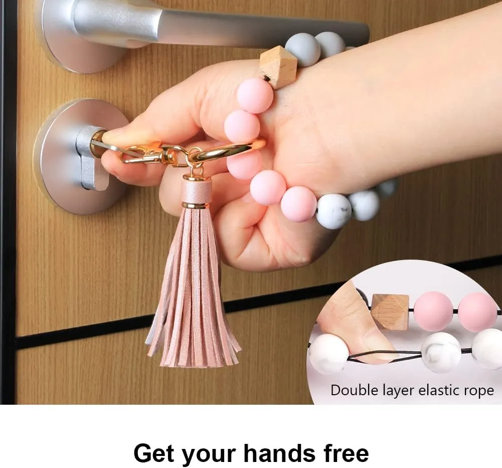 UpUDo Keychain Bracelet Wristlet, Silicone Beaded Key Ring Bracelet with Card Wallet, Elastic Keyring Bangle for Womens
