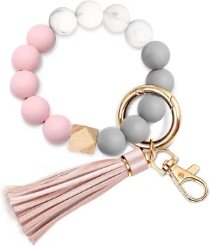 UpUDo Keychain Bracelet Wristlet, Silicone Beaded Key Ring Bracelet with Card Wallet, Elastic Keyring Bangle for Womens