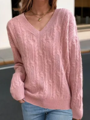 Vintage-Inspired Chunky Cable Knit V-Neck Sweater in Solid Color