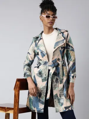 Women Green Abstract Printed Longline Trench Coat