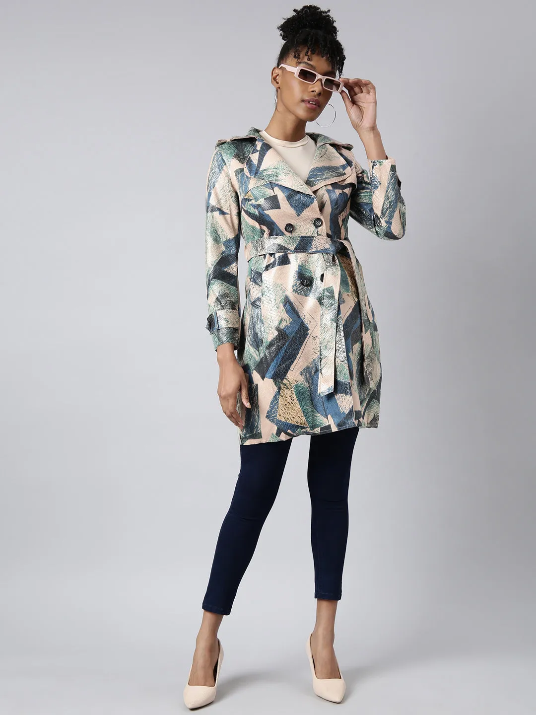 Women Green Abstract Printed Longline Trench Coat