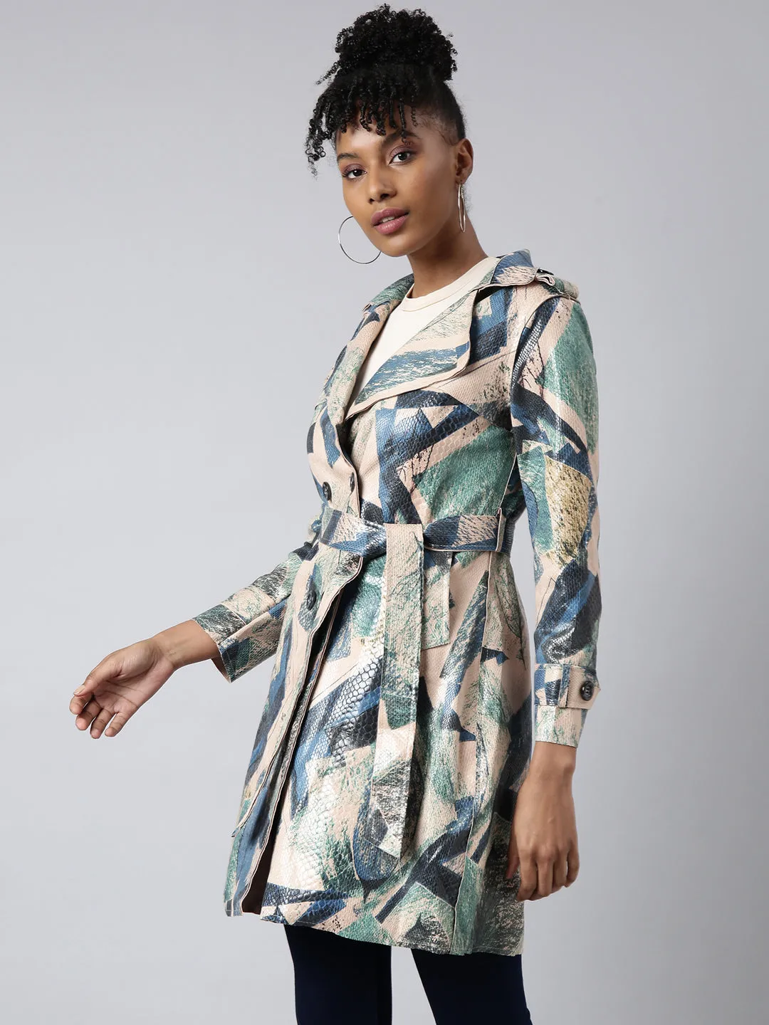 Women Green Abstract Printed Longline Trench Coat