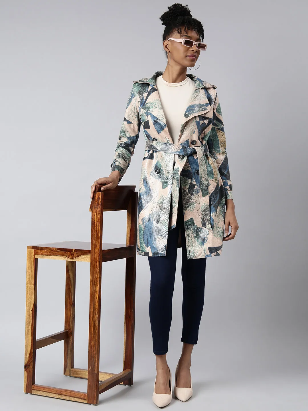 Women Green Abstract Printed Longline Trench Coat