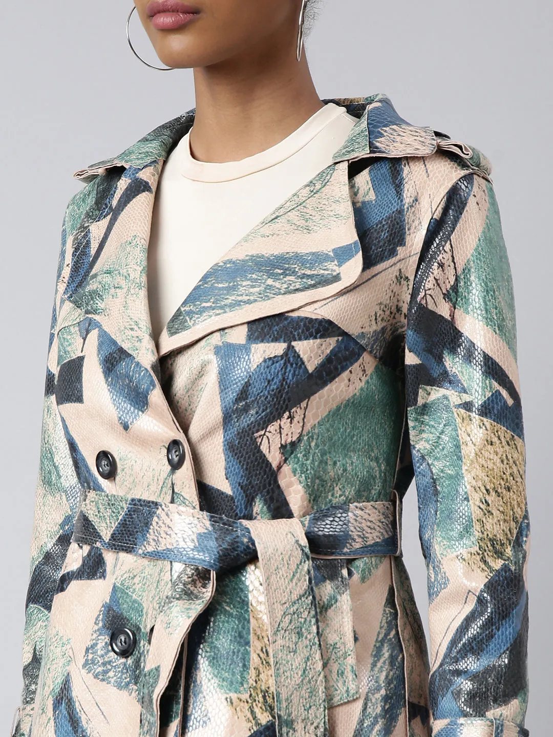 Women Green Abstract Printed Longline Trench Coat