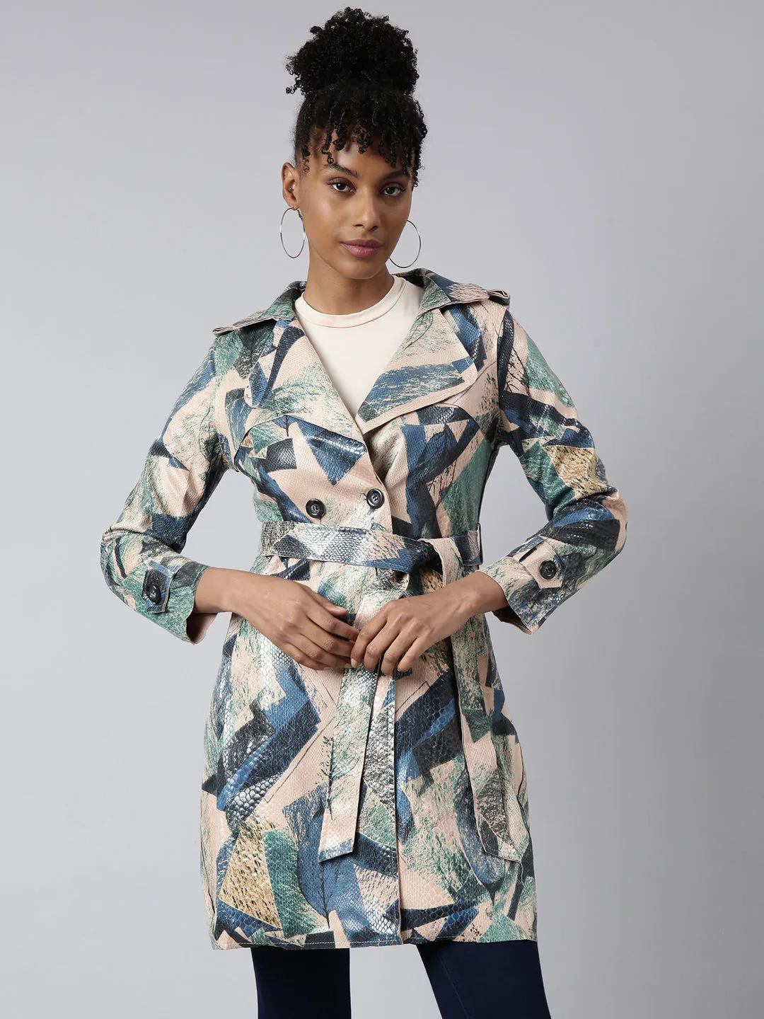 Women Green Abstract Printed Longline Trench Coat