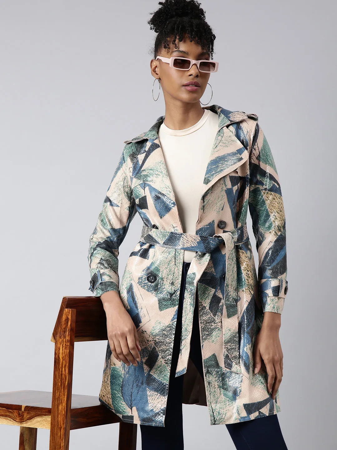 Women Green Abstract Printed Longline Trench Coat