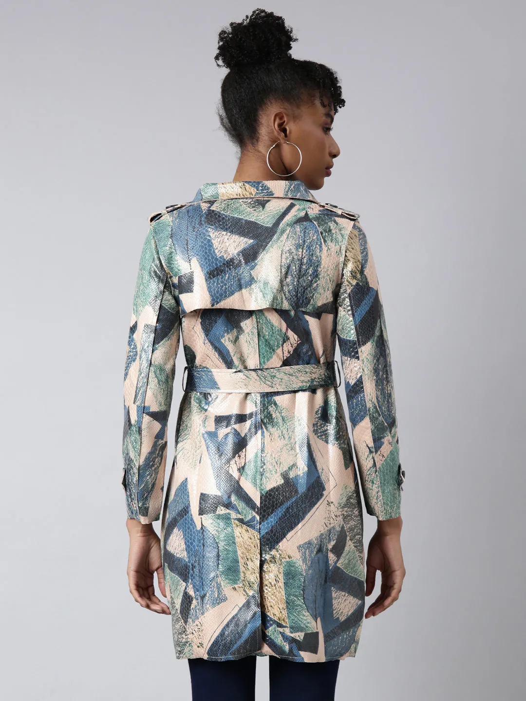 Women Green Abstract Printed Longline Trench Coat