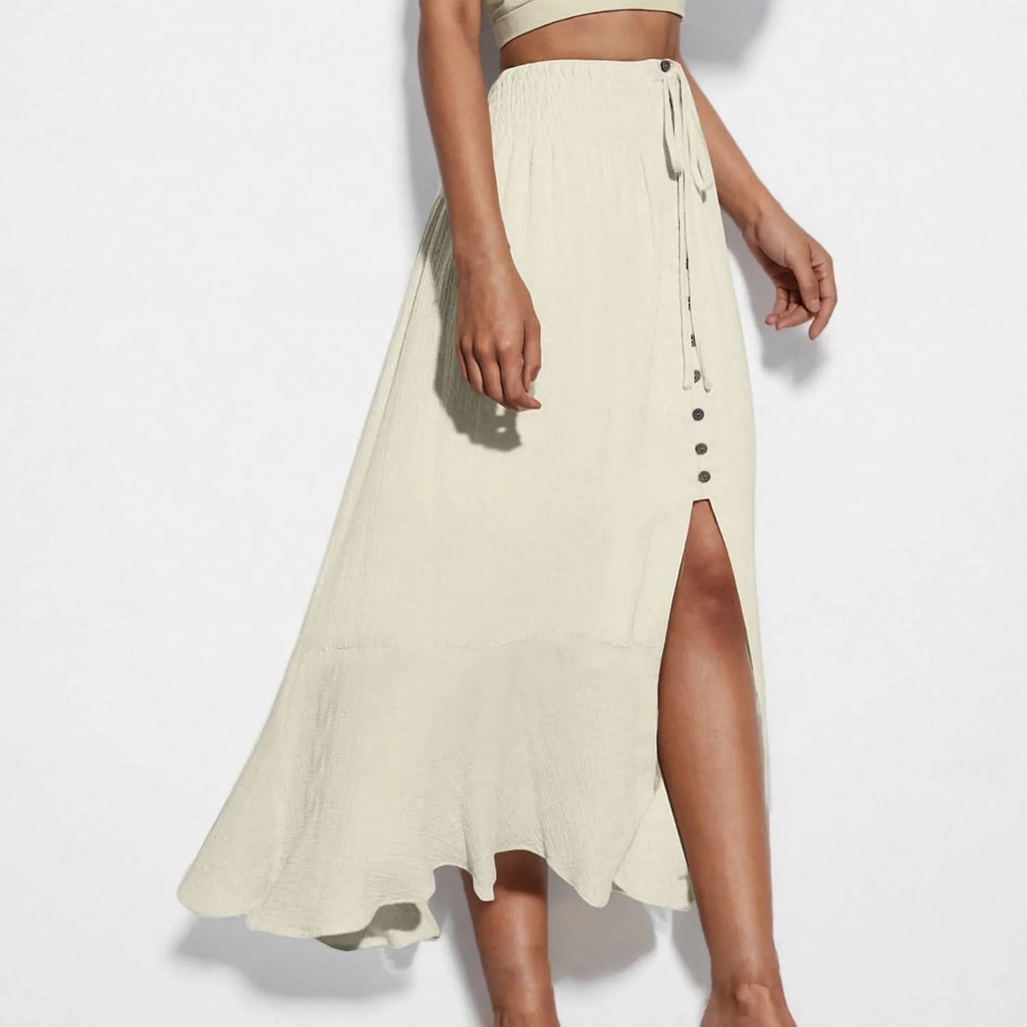 Women Slit Split High Waist Pleated Long Skirt Button Down Elastic Waist Flowy Swing Midi Skirts 2025
