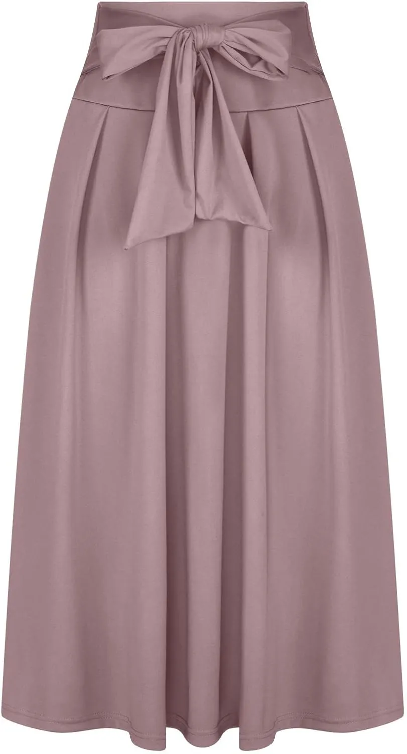 Women Trendy 2024 Bowknot Belt Waist Maxi Skirts Elegant Pleated Wrap Flared Long Swing Skirt Boho Flowy Beach Outfit