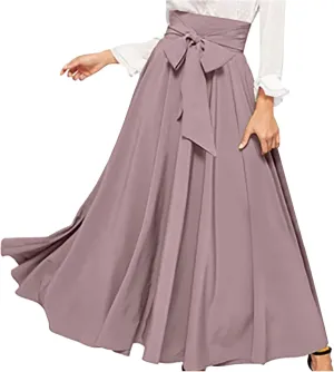 Women Trendy 2024 Bowknot Belt Waist Maxi Skirts Elegant Pleated Wrap Flared Long Swing Skirt Boho Flowy Beach Outfit