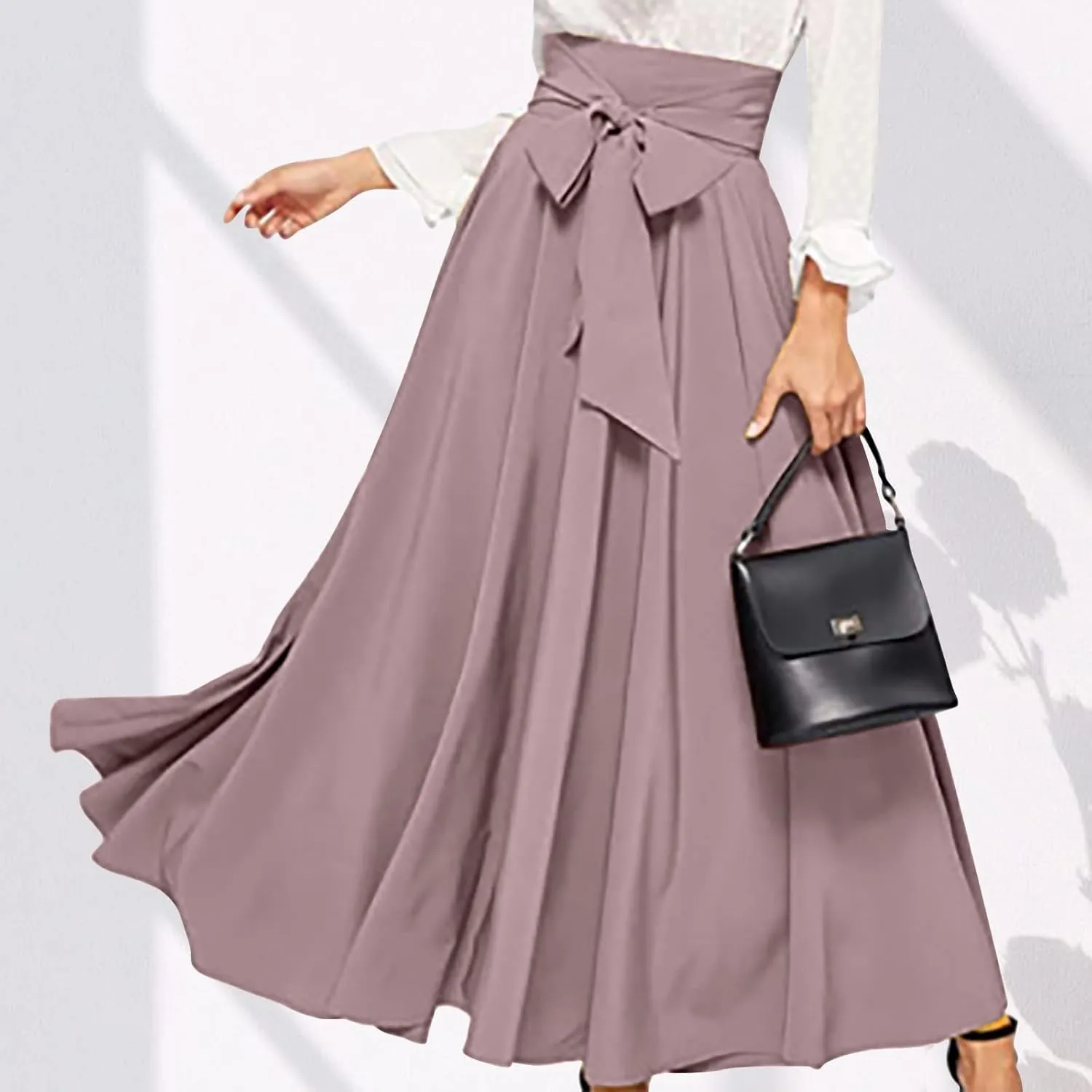 Women Trendy 2024 Bowknot Belt Waist Maxi Skirts Elegant Pleated Wrap Flared Long Swing Skirt Boho Flowy Beach Outfit