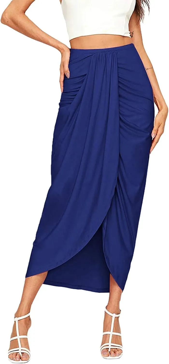 Womens Asymmetrical Solid Split Wrap High Low Casual Pleated Maxi Skirt Holiday Skirt High Rise Summer Skirt 2023