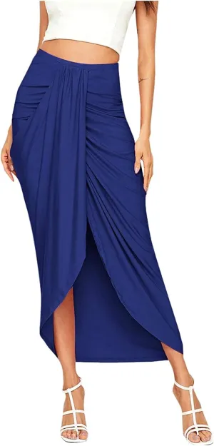 Womens Asymmetrical Solid Split Wrap High Low Casual Pleated Maxi Skirt Holiday Skirt High Rise Summer Skirt 2023
