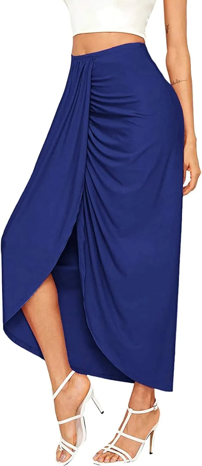 Womens Asymmetrical Solid Split Wrap High Low Casual Pleated Maxi Skirt Holiday Skirt High Rise Summer Skirt 2023