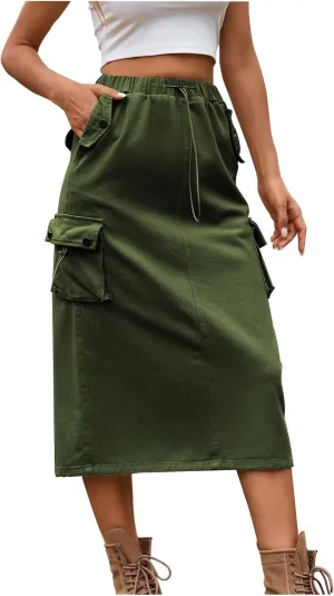 Women's Cargo Skirts with Pocket, Long Sweat Skirts 2024 Trendy Midi Length Skirt Casual Elastic Waist Half Dress
