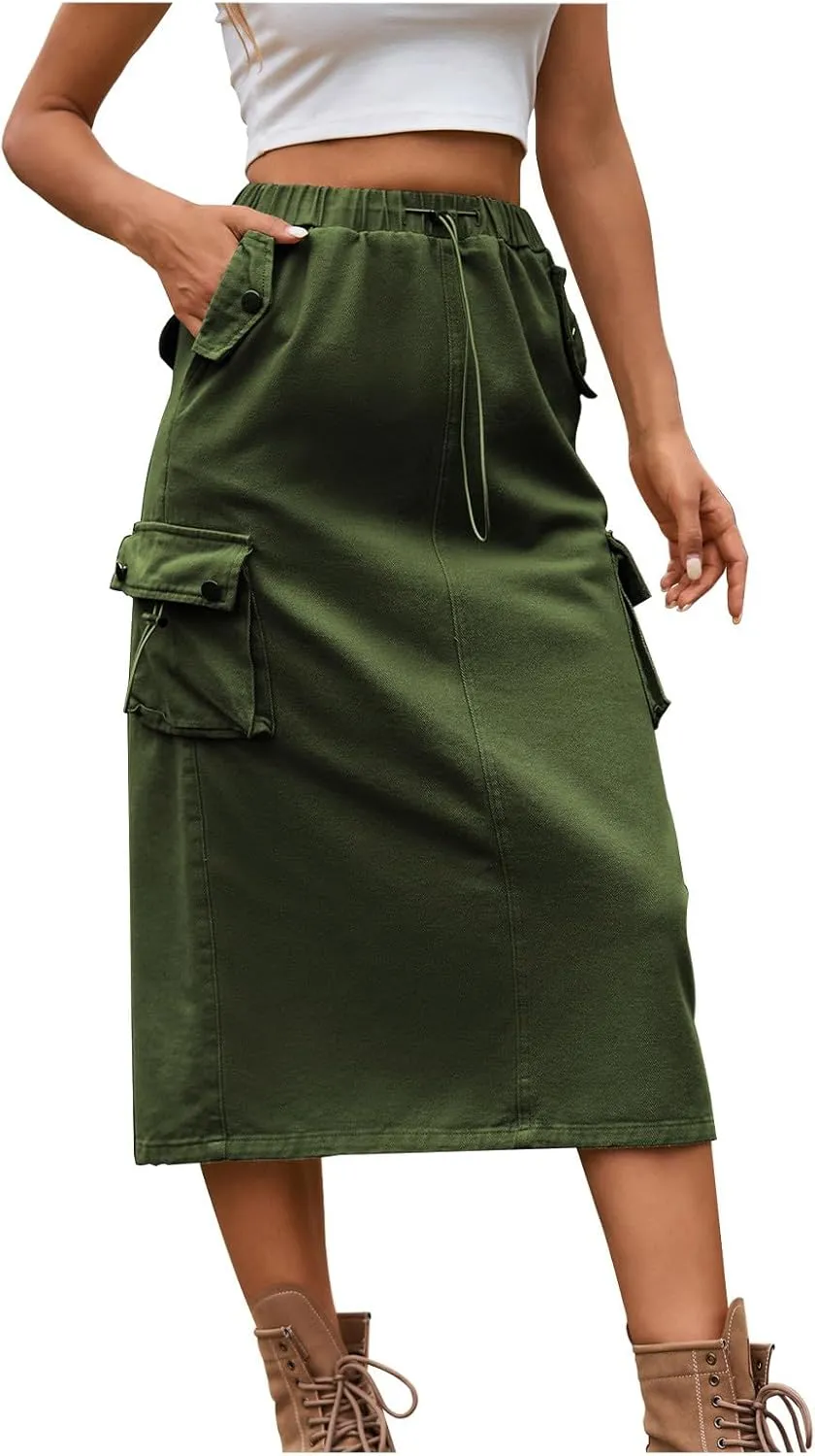 Women's Cargo Skirts with Pocket, Long Sweat Skirts 2024 Trendy Midi Length Skirt Casual Elastic Waist Half Dress