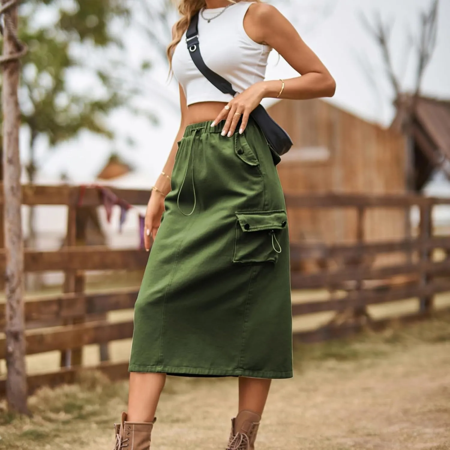 Women's Cargo Skirts with Pocket, Long Sweat Skirts 2024 Trendy Midi Length Skirt Casual Elastic Waist Half Dress