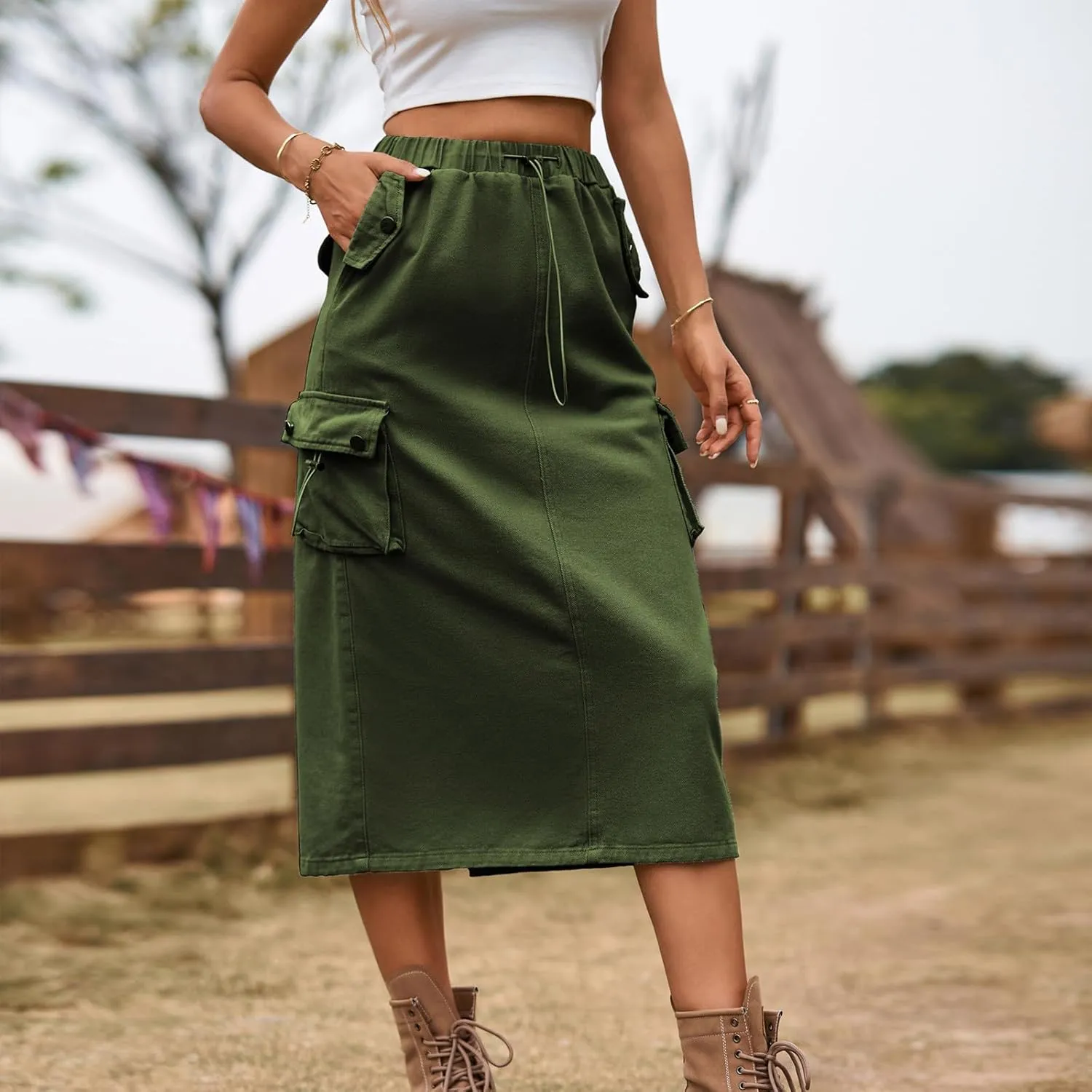 Women's Cargo Skirts with Pocket, Long Sweat Skirts 2024 Trendy Midi Length Skirt Casual Elastic Waist Half Dress