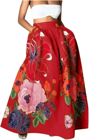 Womens Casual High Waist Skirts Vintage Boho Floral Print Loose Fit Pleated Swing Flowy Long Maxi Skirt with Pockets