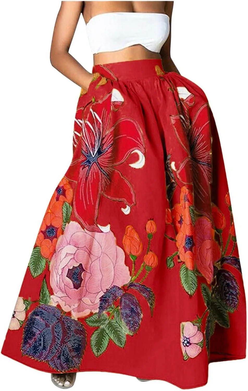 Womens Casual High Waist Skirts Vintage Boho Floral Print Loose Fit Pleated Swing Flowy Long Maxi Skirt with Pockets