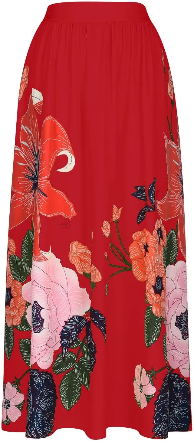 Womens Casual High Waist Skirts Vintage Boho Floral Print Loose Fit Pleated Swing Flowy Long Maxi Skirt with Pockets